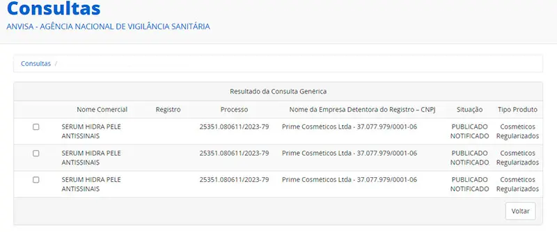 Comprovante de consulta do Hidra Pele Sérum na ANVISA
