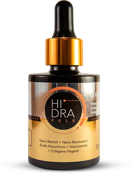 Pote do Hidra Pele Sérum em close mostrando os componentes da fórmula