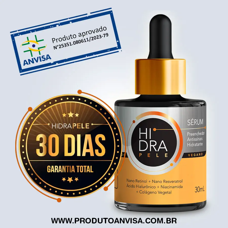 Pote do Hidra Pele Sérum com selo de garantia e selo ANVISA